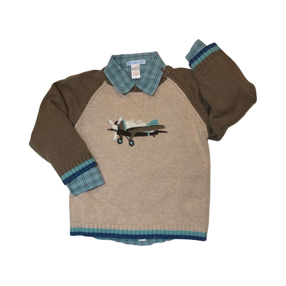 Janie and Jack Brown and Tan Airplane Knit Sweater with Blue Plaid Collar